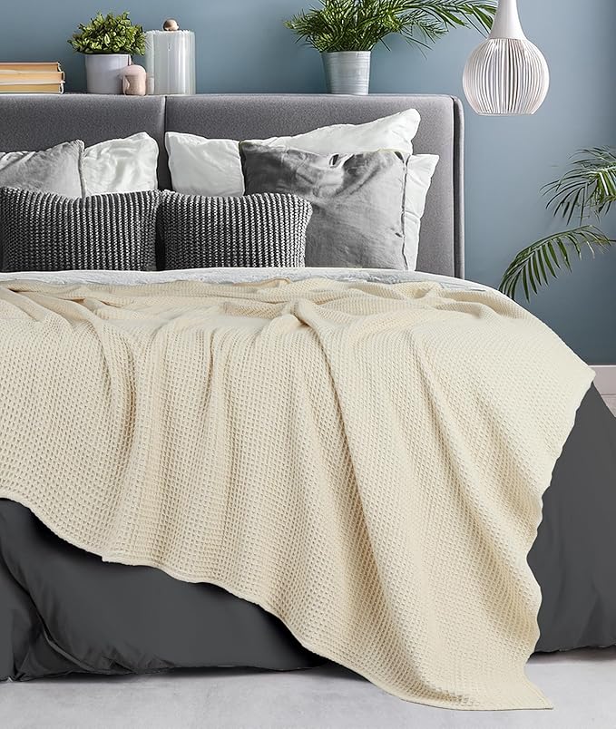 Tex Trend Ivory Waffle Blanket – 100% Cotton Blankets Queen Size – Breathable and Soft for Summer Spring – Suitable for Bed Layering, Sofa – Ivory (90”x90”)