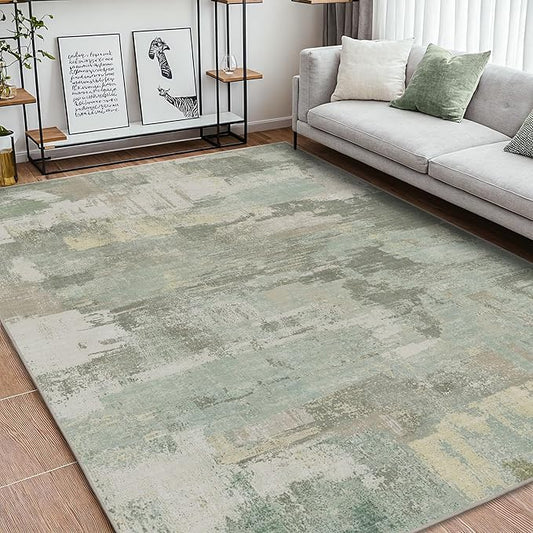 Area Rugs 8x10 for Living Room Bedroom, Modern Abstract Machine Washable Large Soft Sage Green Rug, Low Pile Floor Carpet with Non Slip Backing for Dining Room, Light Sage Mint Green