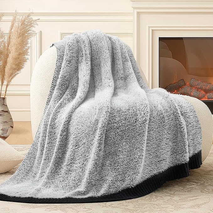 Amélie Home Knit Throw Blanket for Couch, Super Soft Cozy Fuzzy Plush Throws for Sofa Bed Living Room, 60" x 80", Heather Black