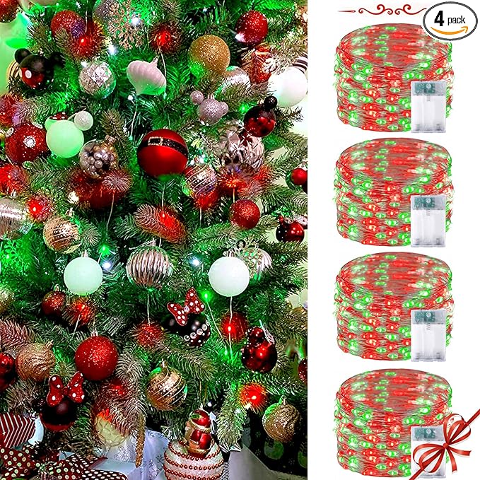 Red and Green Christmas String Lights,4 Pack Fairy Lights Battery Operated with Timer Christma Light for Outdoor/Indoor Waterproof,Twinkle Light for Bedroom Home Wedding DIY Christmas Decorations