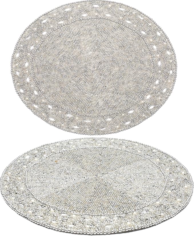 13" Round Beaded Placemats - Handcrafted Glass Beads in White Silver - Luxury Dining Table Decor, Wedding &amp; Housewarming Gift, Holiday Use Pack of 1 by ALPHA Living HOME