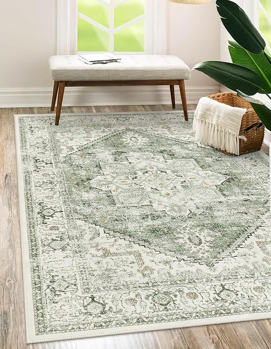 LIVEBOX Washable Area Rug 5x7 - Large Vintage Tribal Living Room Rug Vintage Non-Slip Indoor Rugs for Bedroom, Low-Pile Retro Carpet Print Distressed Accent Rugs for Nursery Entryway Office, Sage