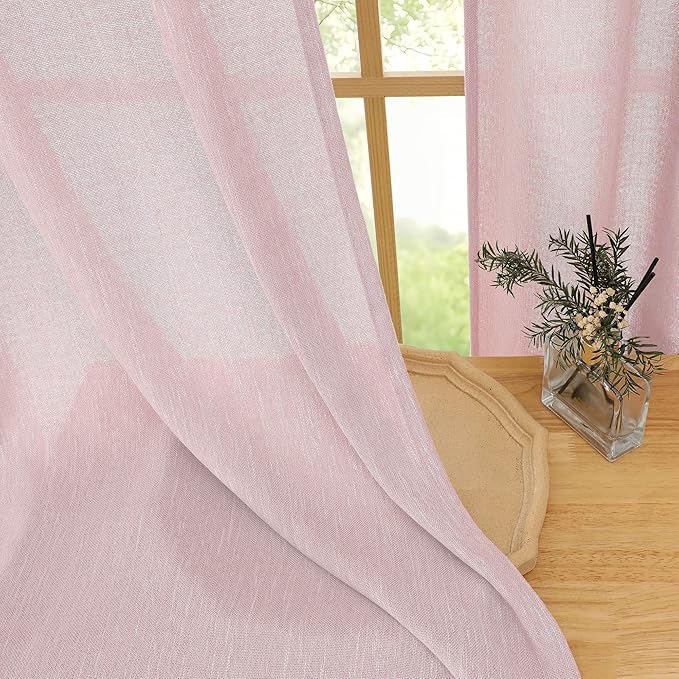 Simplebrand Blush Semi Sheer Faux Linen Textured Curtains 84 Inches Long 2 Panels, Light Filtering Farmhouse Bedroom Curtains, Farmhouse Rod Pocket Soft Thick Window Drapes for Living Room, 50Wx84L