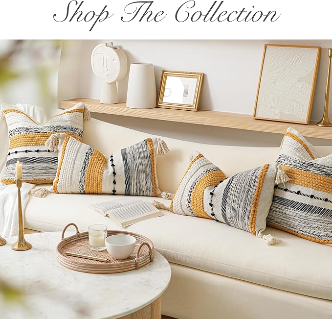 Fall Yellow Mustard Decorative Throw Pillow Cover 18x18 Square Boho Accent Pillowcase Tassels Farmhouse Cushion for Couch Sofa Bedroom Living Room Home Décor Cover ONLY