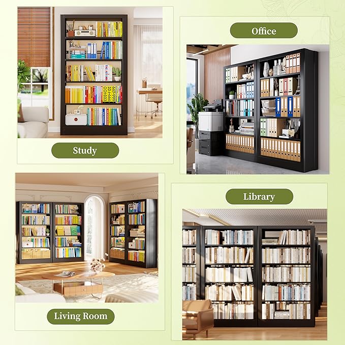 Bookshelf, 5-Tier Metal Sturdy Bookcase,71" H Tall Black Bookcase with Adjustable Shelves, Heavy Duty Storage Bookshelves and Bookcases for Living Room, Library, Home Office(Black, 73" W)