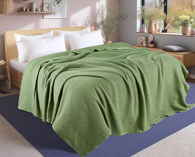 Tex Trend Waffle Blanket – 100% Cotton Blankets Queen Size – Breathable and Soft for Summer Spring – Suitable for Bed Layering, Sofa & Couch - Sage Green (90”x90”)