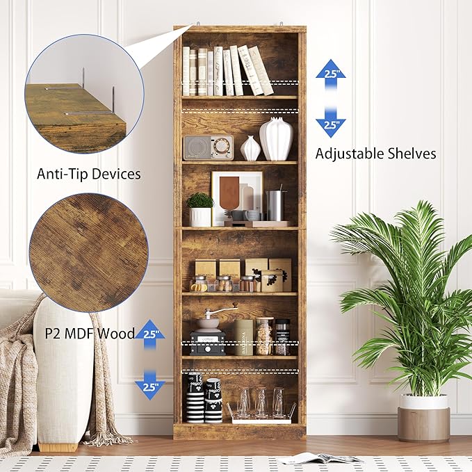 75" Tall Bookshelf, 6-Tier Floor Standing Bookcase with Adjustable Shelves, 24" Wide Open Storage Shelf, Modern Display Organizer for Home Office, Living Room, Bedroom, Study