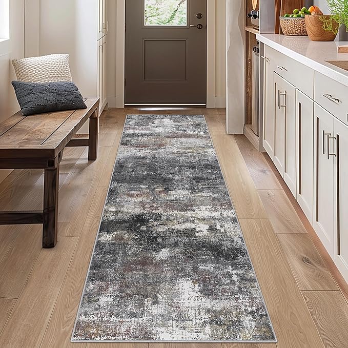 Runner Rug for Hallway Kitchen 2x6 Machine Washable Runners Rug for Entryway, Dark Gray Soft Modern Abstract Throw Rugs, Floor Carpet with Non Slip Rubber Backing