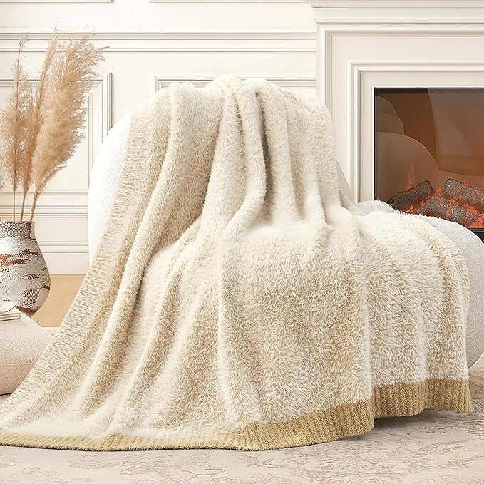 Amélie Home Knit Throw Blanket for Couch, Super Soft Cozy Fuzzy Plush Throws for Sofa, 50" x 60", Heather Beige