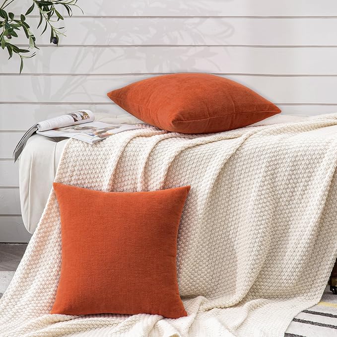 GAWAMAY Decorative Square 16x16 Inch Throw Pillow Covers Set of 2, Super Soft Chenille Pillows Farmhouse Fall Pillowcase for Living Room Bedroom Sofa Couch Cushion Cover Burnt Orange 40x40cm