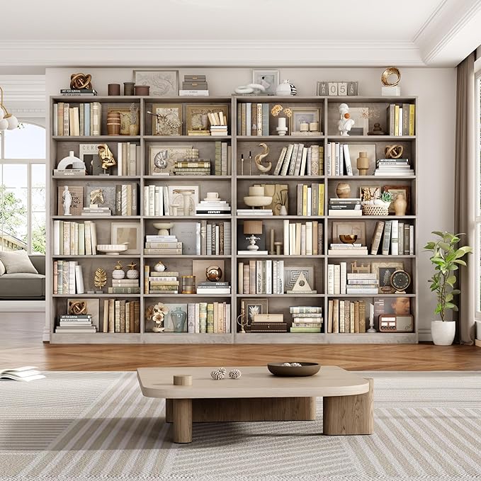 Bookshelf and Bookcase, 6-Tier Double Wide Bookshelfs, Freestanding Display Storage Shelves, Tall Bookcases for Home Decor Bedroom, Living Room, Home Office, Wash Gray