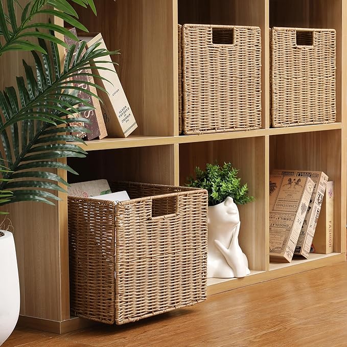 12X12X10in Plastic Wicker Storage Basket, Collapsible Wicker Cube Storage for Shelves, Woven Plastic Storage Basket for Pantry, Bedroom, Living Room, Bathroom, Shelves-3 Pack