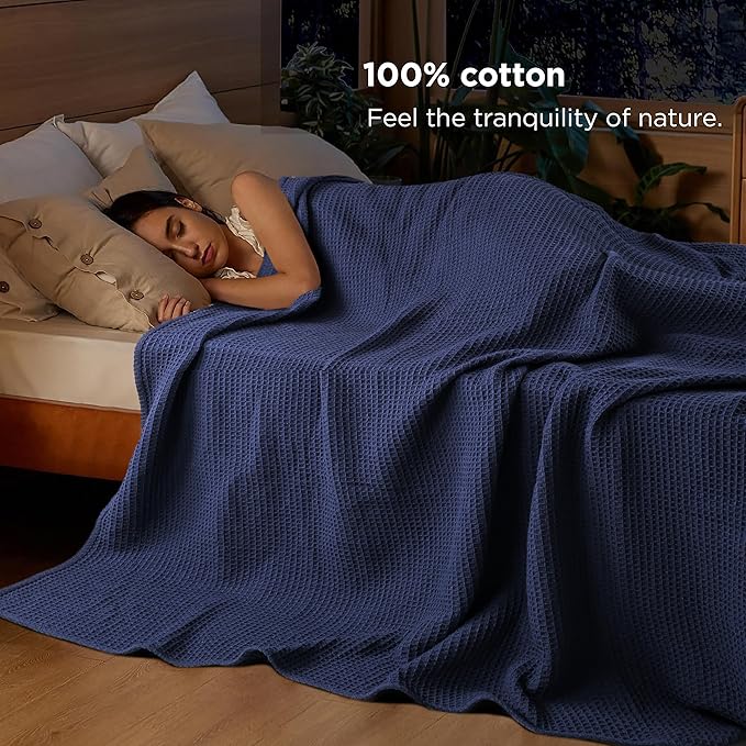 Tex Trend 100% Cotton Blanket – Soft and Breathable Twin XL Navy Blue Waffle Blanket – All Season Comfort – Suitable for Bed Layering, Sofa, Couch (60”x90”)