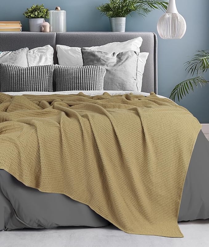 Tex Trend 100% Cotton Blankets King Size – Durable and Versatile Waffle Weave Blankets for Year Round Coziness – Breathable & Lightweight - Khaki (90”x108”)