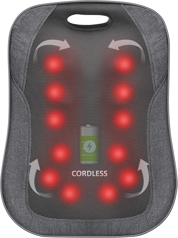 COMFIER Cordless Back Massager with Heat - Rechargeable Chair Massager, Shiatsu Massage Chair Pad with Adjustable Intensity,Portable Massage Cushion, Ideal Gifts for Men/Women