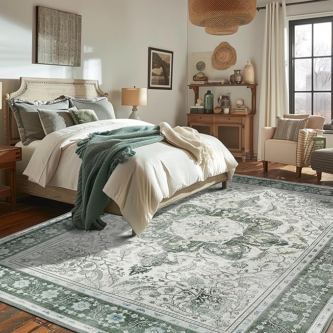 8x10 Boho Washable Area Rugs for Large Living Room Machine Washable Rug Stain Resistant Non-Slip Backing for Bedroom, Soft Vintage Area Rug (Green,8x10ft)