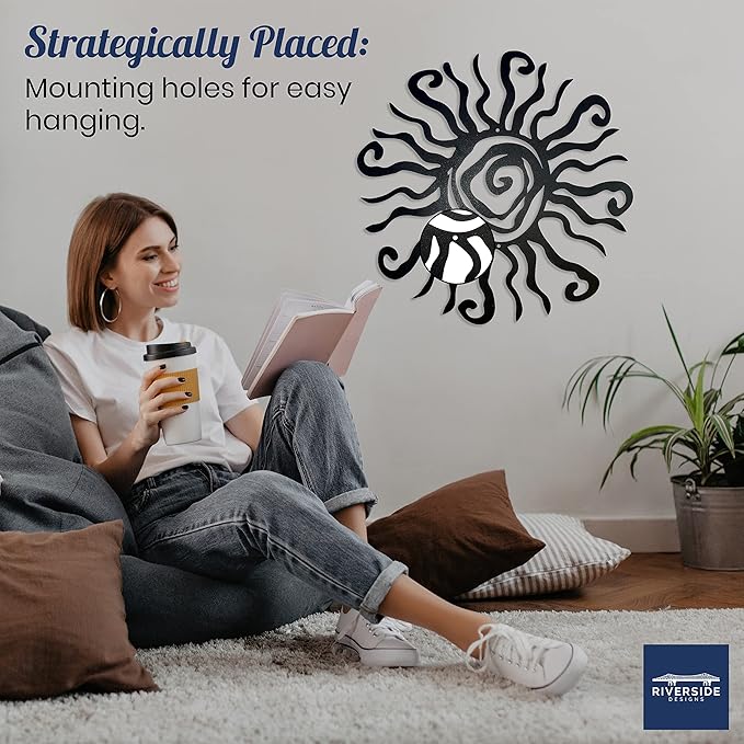 Riverside Designs Wacky Sun Metal Wall Art Indoor/Outdoor Decor - 24" Black Rust Proof Wall Sculpture - Made in USA - Ideal for Bedroom, Garden, Home, Patio and Farmhouse