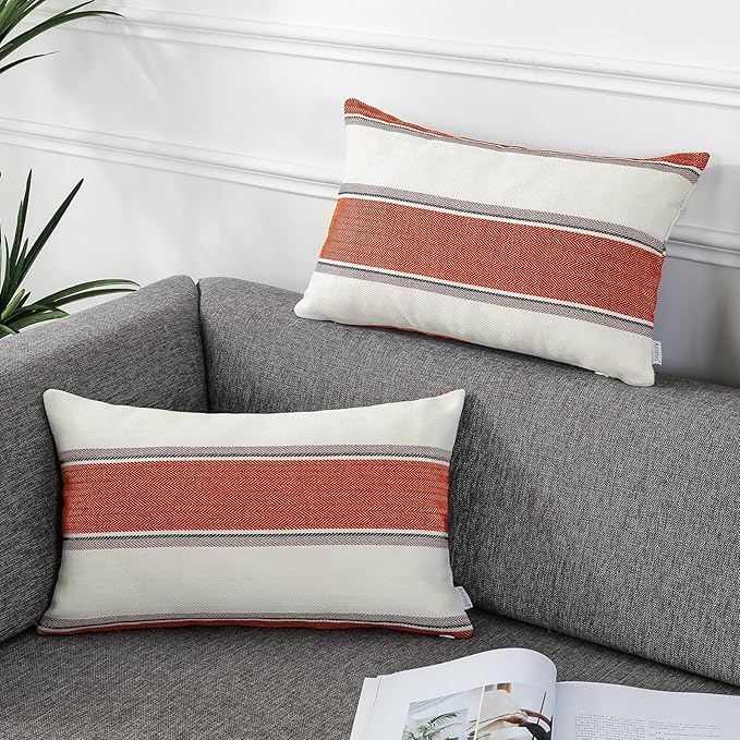 AmHoo Pack of 2 Farmhouse Linen Throw Pillow Cover Cushion Stripe Decoration Buffalo Retro Pillowcase with Hidden Zipper for Sofa Bedroom Car 12 x 20 Inch Burnt Orange