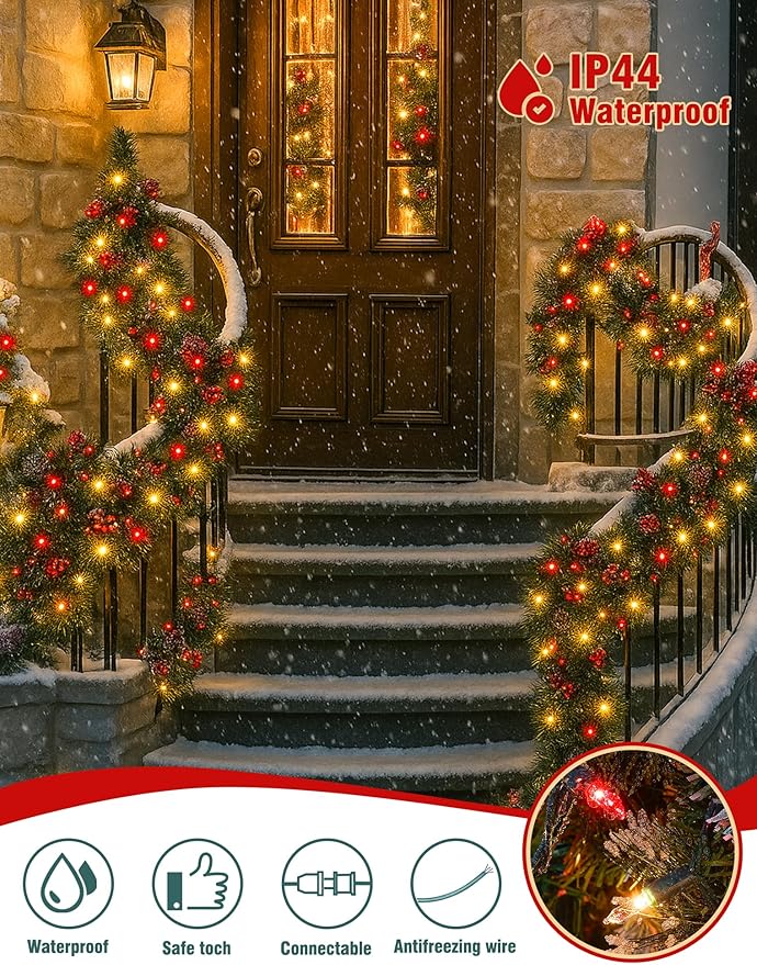 Hopolon Christmas Lights Indoor Outdoor, 2 Pack 13 FT 50 Count Incandescent Mini String Light, Green Wire Christmas Tree Lights Waterproof for Holiday Wedding Valentine's Day Decor, Red and Clear