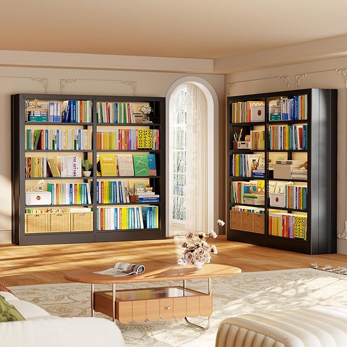 Bookshelf, 5-Tier Metal Sturdy Bookcase,71" H Tall Black Bookcase with Adjustable Shelves, Heavy Duty Storage Bookshelves and Bookcases for Living Room, Library, Home Office(Black, 73" W)