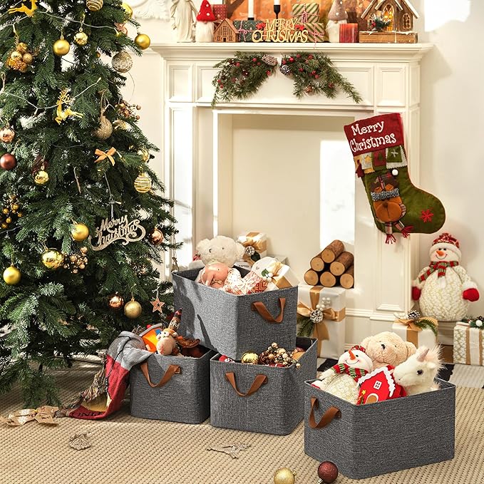 GRANNY SAYS Closet Storage Baskets, Collapsible Fabric Storage Bins with Metal Frame, Clothes Organizer Bins, Large Baskets for Shelves, Dark Gray, 4-Pack