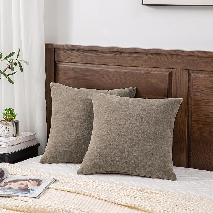 GAWAMAY Decorative Throw Pillow Covers 16x16 Inch Set of 2, Super Soft Chenille Square Pillows Farmhouse Fall Pillowcase for Living Room Bedroom Sofa Couch Cushion Cover Taupe Gray 40x40cm
