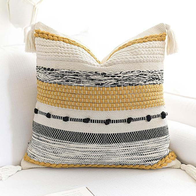 Fall Yellow Mustard Decorative Throw Pillow Cover 18x18 Square Boho Accent Pillowcase Tassels Farmhouse Cushion for Couch Sofa Bedroom Living Room Home Décor Cover ONLY