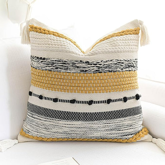 Fall Yellow Mustard Decorative Throw Pillow Cover 18x18 Square Boho Accent Pillowcase Tassels Farmhouse Cushion for Couch Sofa Bedroom Living Room Home Décor Cover ONLY