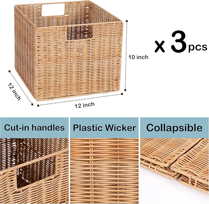 12X12X10in Plastic Wicker Storage Basket, Collapsible Wicker Cube Storage for Shelves, Woven Plastic Storage Basket for Pantry, Bedroom, Living Room, Bathroom, Shelves-3 Pack