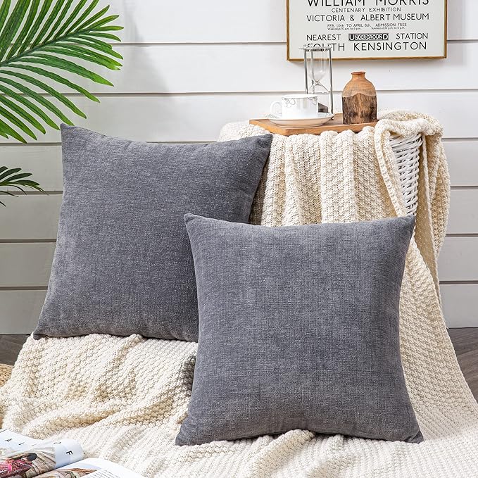 GAWAMAY Decorative Throw Pillow Covers 16x16 Inch Set of 2, Super Soft Chenille Square Pillows Farmhouse Fall Pillowcase for Living Room Bedroom Sofa Couch Cushion Cover Gray 40x40cm (No Insert)