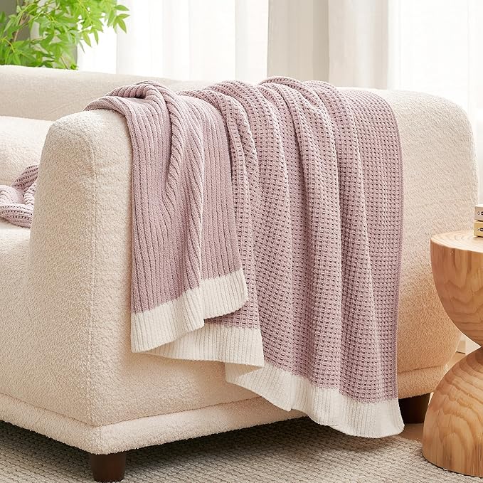 Amélie Home Waffle Throw Blanket for Couch, Soft Cozy Chenille Knit Blanket Warm Decorative Throw for Sofa, 50"x60", Pink