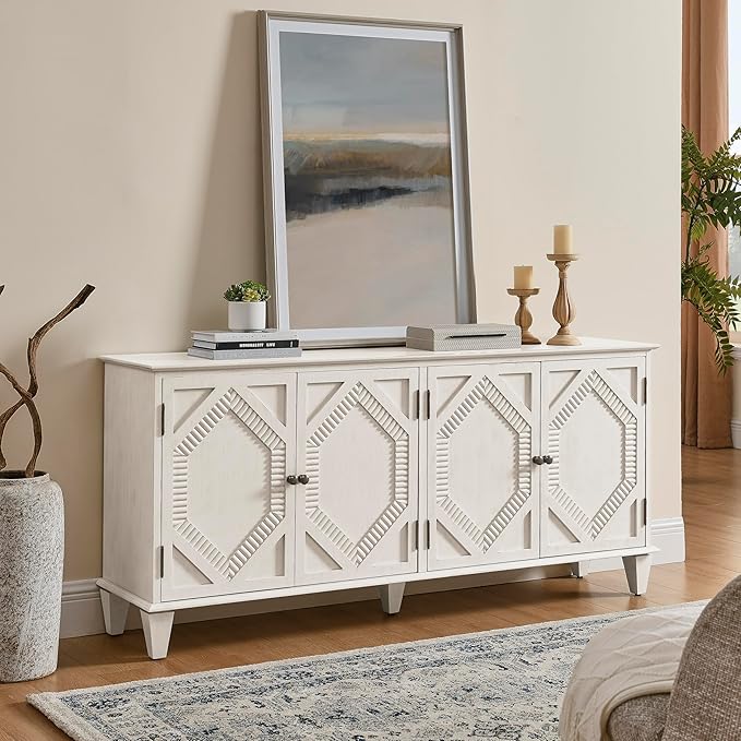 healthomse 65.2" Large Sideboard Buffet Cabinet with Storage, Symmetrical Geometric Accent Coffee Bar Wine Bar White Storage Cabinet, Console Table for Living Room/Entryway/Kitchen