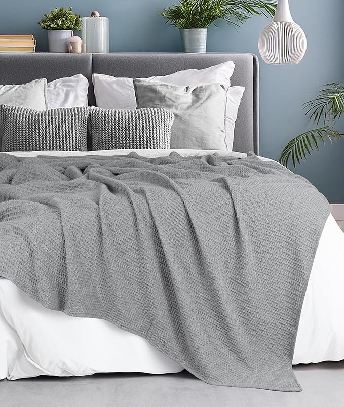 Tex Trend Waffle Blanket – 100% Cotton Blankets Queen Size – Breathable and Soft for Summer Spring – Suitable for Bed Layering, Sofa – Light Gray (90”x90”)