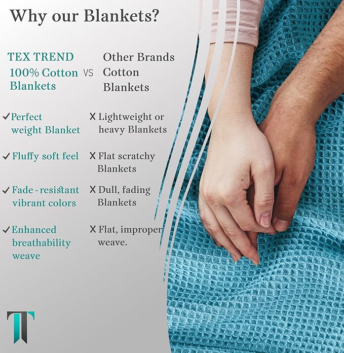 Tex Trend 100% Cotton Blankets – Soft and Breathable Twin XL Waffle Blanket – All Season Comfort – Suitable for Bed Layering, Sofa, Couch and Chair – Blue (60”x90”)
