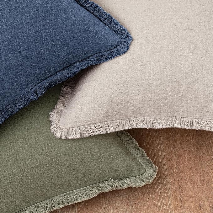 Woaboy Set of 2 Decorative Linen Fringe Throw Pillow Covers Boho Farmhouse Cushion Covers Accent Pillowcases with Tassels for Living Room Couch Sofa Bed Chair,22x22 Inch,Blue