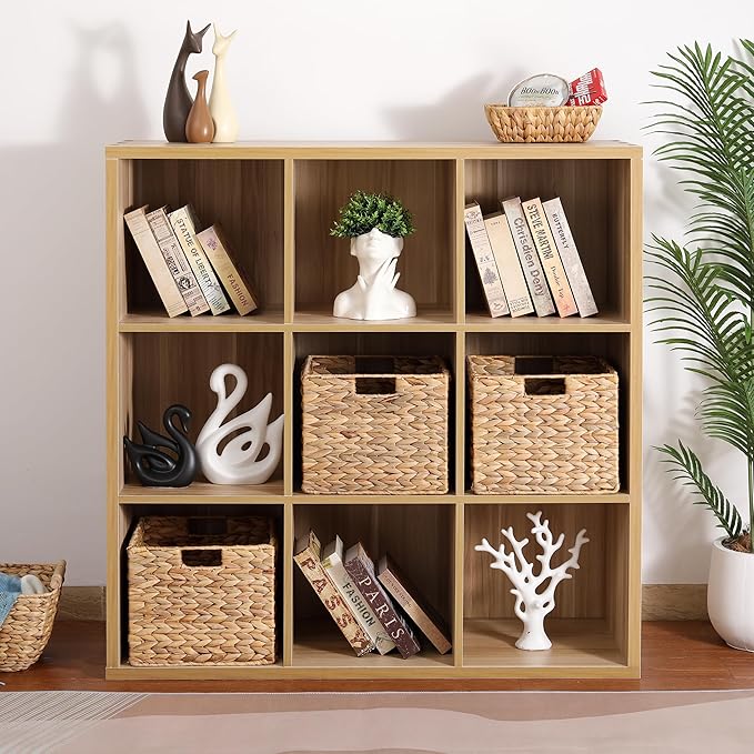 12x12x10 Water Hyacinth Storage Basket Large, Folding Cube Woven Wicker Storage Basket for Shelves, Pantry Baskets Organization and Storage, Kitchen Storage Baskets, Large Rattan Basket Set of 3