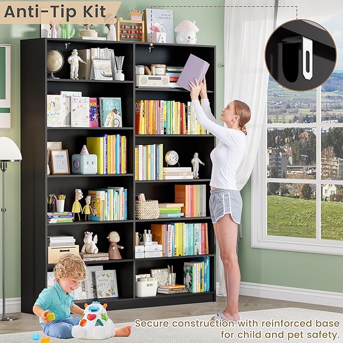 Black Bookcase, Bookshelf with 12 Open Shelves, Freestanding Display Storage Shelves, Book Case Home Library Bookcase for Living Room Bedroom Office 2PC