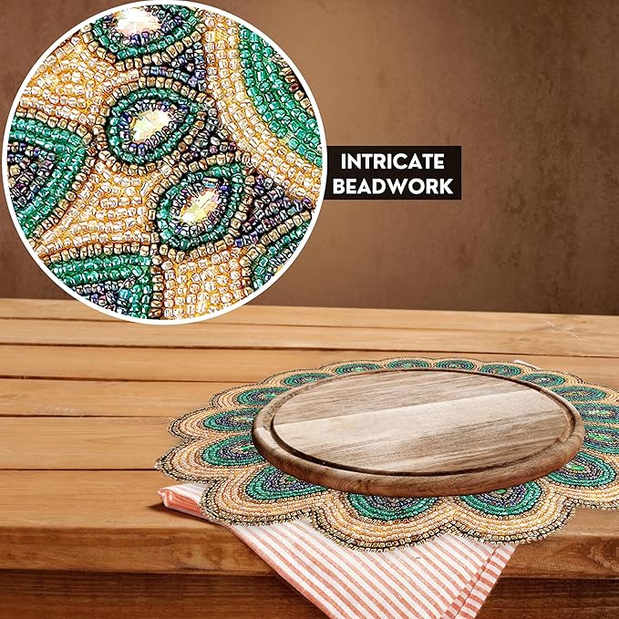 13" Round Beaded Table Mat - Elegant Glass Bead &amp; Polyester Charger Plate for Dining &amp; Coffee Tables, Non-Slip, Stain-Resistant, Perfect for Home &amp; Special Occasions (Green Gold Brown) - CLEENTABLE