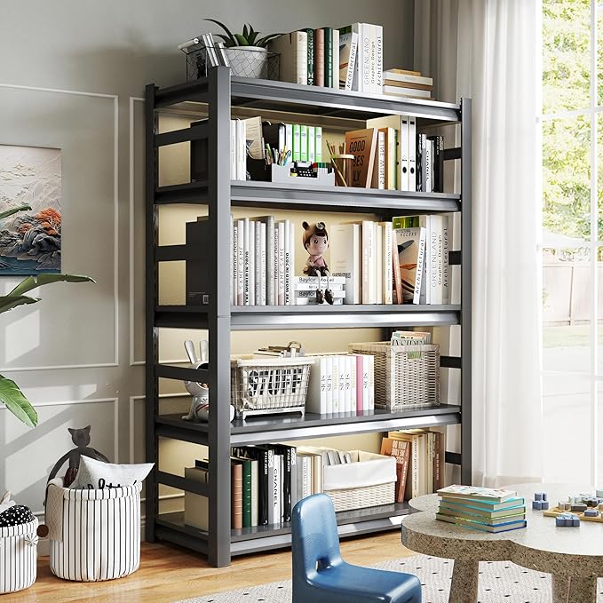 Book Shelf 5-Tier Adjustable Heavy Duty Metal Wide Book Shelves Modern Tall Bookshelf Storage Shelving Organizer for Living Room, Bedroom, Home, Office, Black (72" ​​H*23" D*47" W)