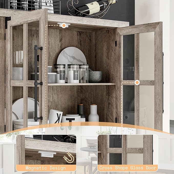 AMERLIFE Farmhouse 63" Buffet Sideboard Cabinet with Glass Door, Large Storage Cabinet with Adjustable Shelf, Wooden Coffee Bar Station for Kitchen, Dinning Room, Rustic Gray