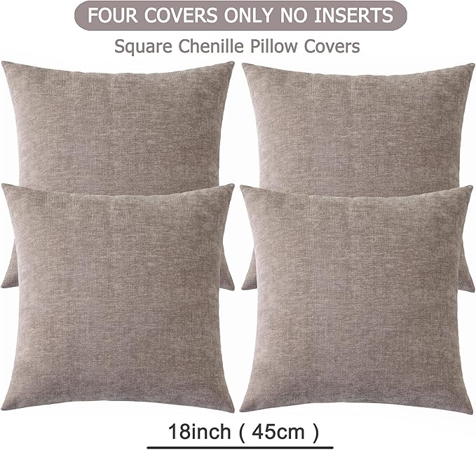 GAWAMAY Decorative Square Throw Pillow Covers 18"x18" Inch Set of 4, Super Soft Chenille Pillows Cover Fall Pillowcase for Living Room Bedroom Sofa Couch Cushion Cover Taupe Grey 45x45cm