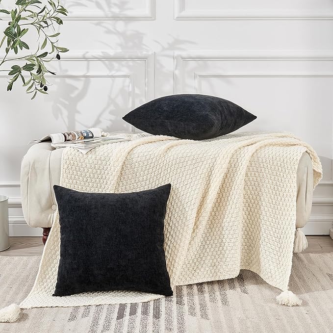 GAWAMAY Decorative Chenille Throw Pillow Covers 24x24 Inch Pack of 2, Soft Square Couch Pillow Cover for Sofa Cushion Living Room Bedroom Solid Dyed Pillowcases Black 60x60cm (ONLY Covers)