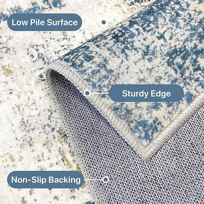 Machine Washable Rug 5x7 Area Rugs for Living Room Bedroom, Large Navy Blue Beige Abstract Area Rug Soft Throw Rugs, Low-Pile Floor Carpet with Non Slip Rubber Backing