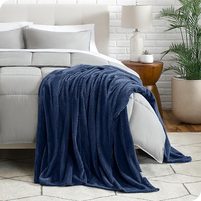 Bare Home Textured Fleece Blanket - Full/Queen - Ultra-Soft Lightweight for Bed, Sofa, and Couch - Luxury Microplush - Cozy Warm Blanket (Full/Queen, Chevron Dark Blue)