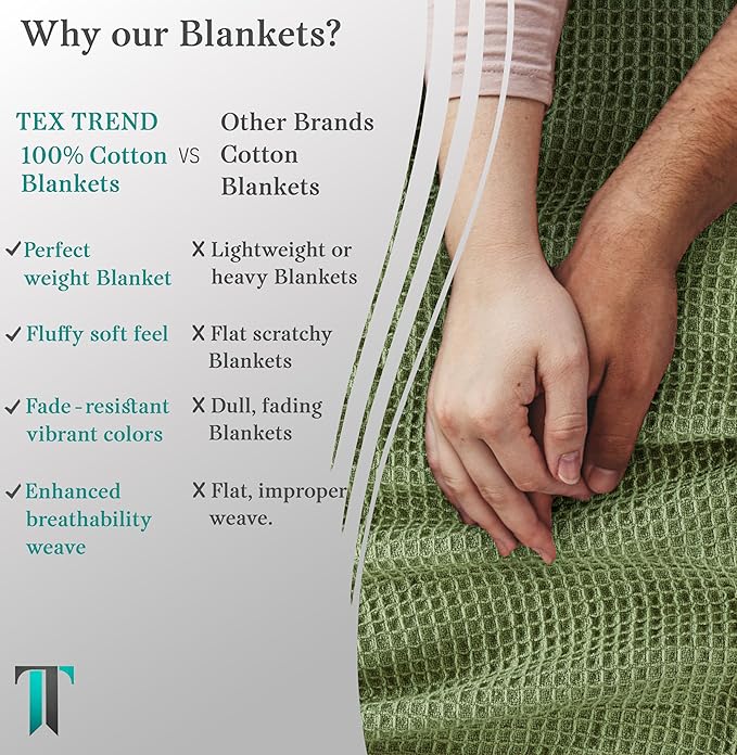 Tex Trend Waffle Blanket – 100% Cotton Blankets Queen Size – Breathable and Soft for Summer Spring – Suitable for Bed Layering, Sofa & Couch - Sage Green (90”x90”)