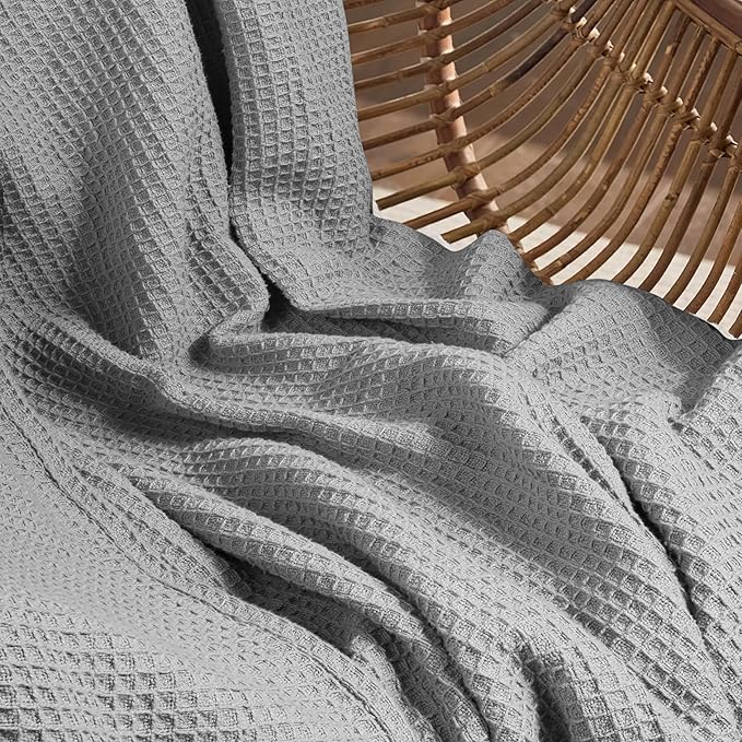 Tex Trend Waffle Blanket – 100% Cotton Blankets Queen Size – Breathable and Soft for Summer Spring – Suitable for Bed Layering, Sofa – Light Gray (90”x90”)