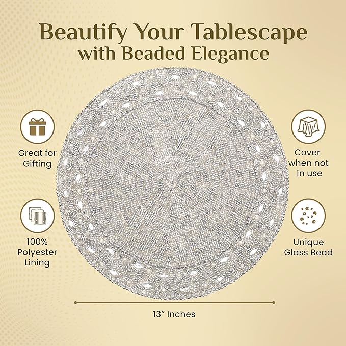 13" Round Beaded Placemats - Handcrafted Glass Beads in White Silver - Luxury Dining Table Decor, Wedding &amp; Housewarming Gift, Holiday Use Pack of 1 by ALPHA Living HOME