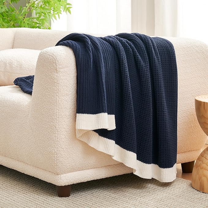 Amélie Home Waffle Throw Blanket for Couch, Soft Cozy Chenille Knit Blanket Warm Decorative Throw for Sofa, 50"x60", Navy Blue