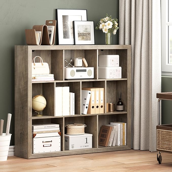 Book Shelf with 10-Cube, 43” Wide Bookshelf with Anti-Tip Device, 38” Tall Open Bookcase, Modern Display Organizer Book Case for Home Office, Entryway, Living Room, Bedroom, Study Room