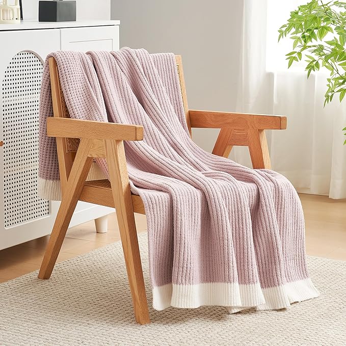 Amélie Home Waffle Throw Blanket for Couch, Soft Cozy Chenille Knit Blanket Warm Decorative Throw for Sofa, 50"x60", Pink